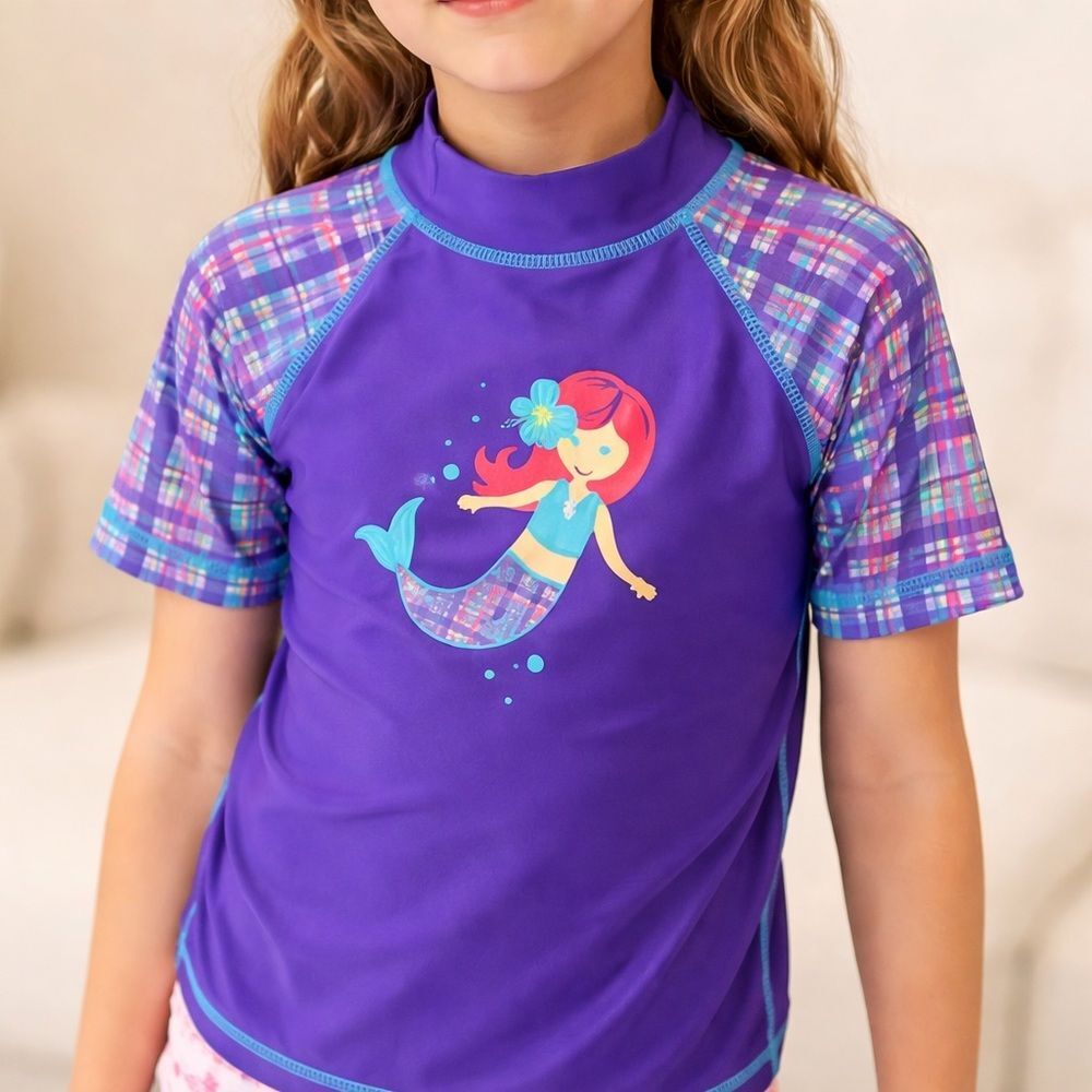 UV Skinz Girls 5 Mermaid Rash Guard UPF 50+ Purple Plaid Swim Top